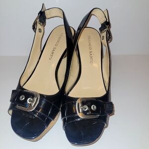 Franco Sarto Carniva Black Slingback Patent Leather Cork Wedge Heels